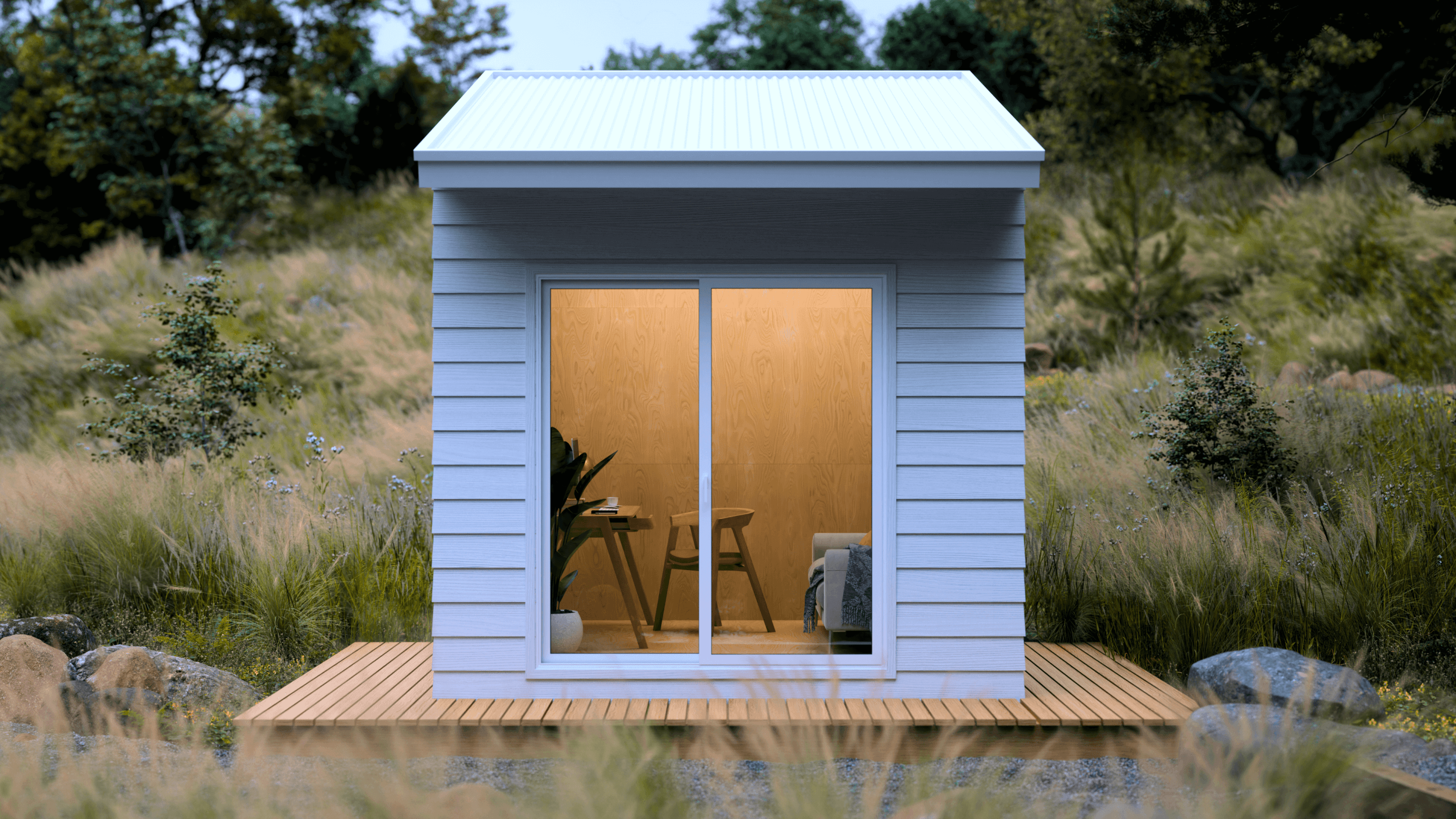 Type Five Pod configured as a home office with adjustable foundation system for easy installation on various terrain types